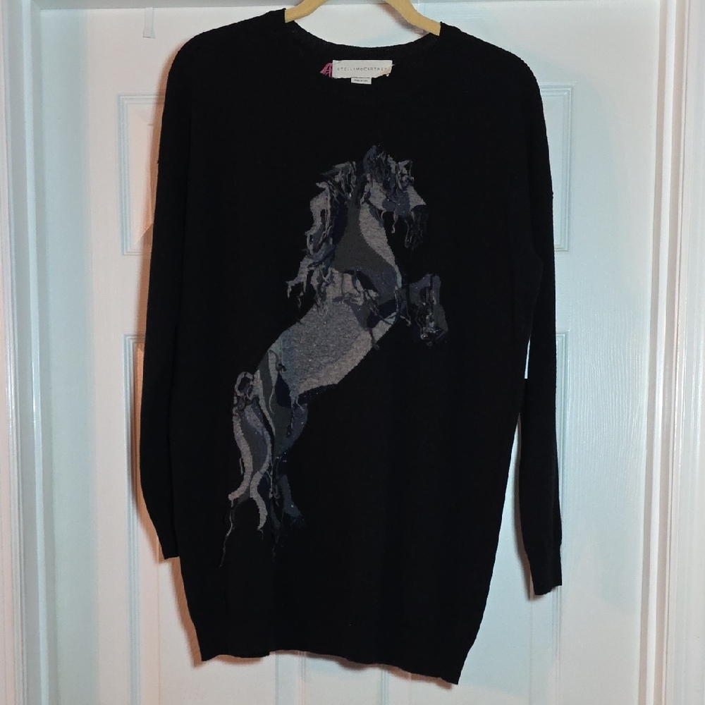 Stella McCartney Black Sweater with Fringed Horse Design, Size 38